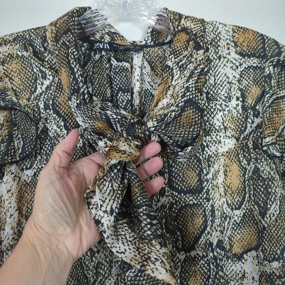 Zara Women's Snake Print Ruffled Career Blouse Size S With Tie Neck Long Sleeves - Picture 6 of 13